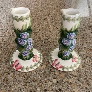 Portmeirion Floral Candle Holders - Green and Purple